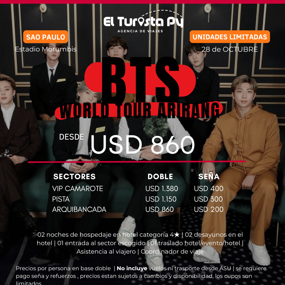 Paquete BTS World Tour Arirang en São Paulo con hotel, entradas y traslados incluidos desde Paraguay