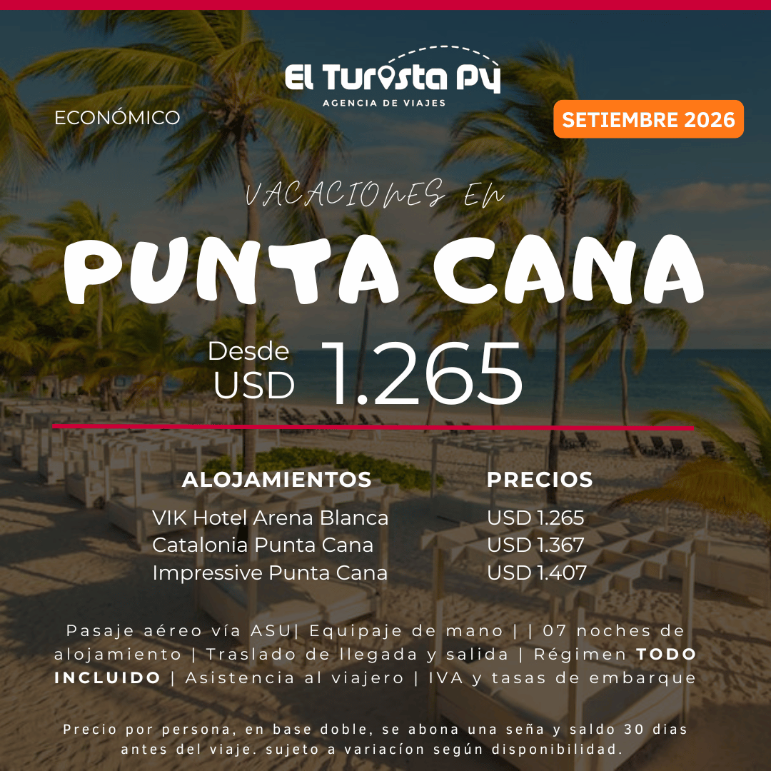 Flyer de viaje económico a Punta Cana con palmeras y playa del Caribe. Incluye alojamiento all inclusive y precios desde USD 1.265 para vacaciones 2026 con El Turista Viajes PY.