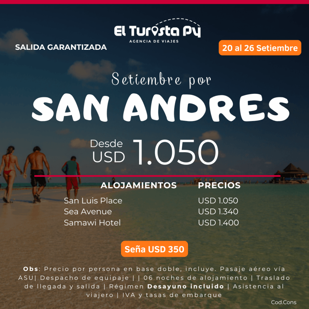 Paquete a San Andrés del 20 al 26 de septiembre de 2026 con vuelo desde Asunción, hotel, traslados y asistencia al viajero.
