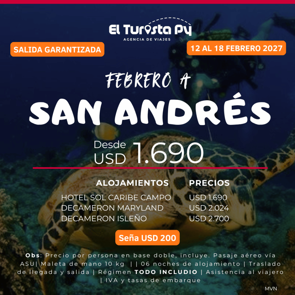 Paquete de viaje a San Andrés del 12 al 18 de febrero de 2027 con vuelos desde Asunción, 6 noches de alojamiento Todo Incluido, traslados y asistencia al viajero.