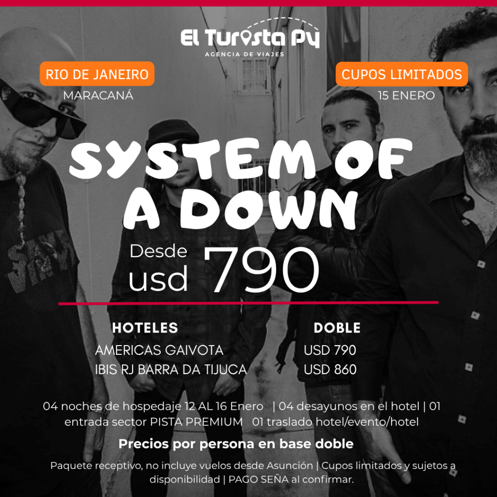 Paquete para System of a Down en Río de Janeiro 2027 con hotel y entrada Pista Premium